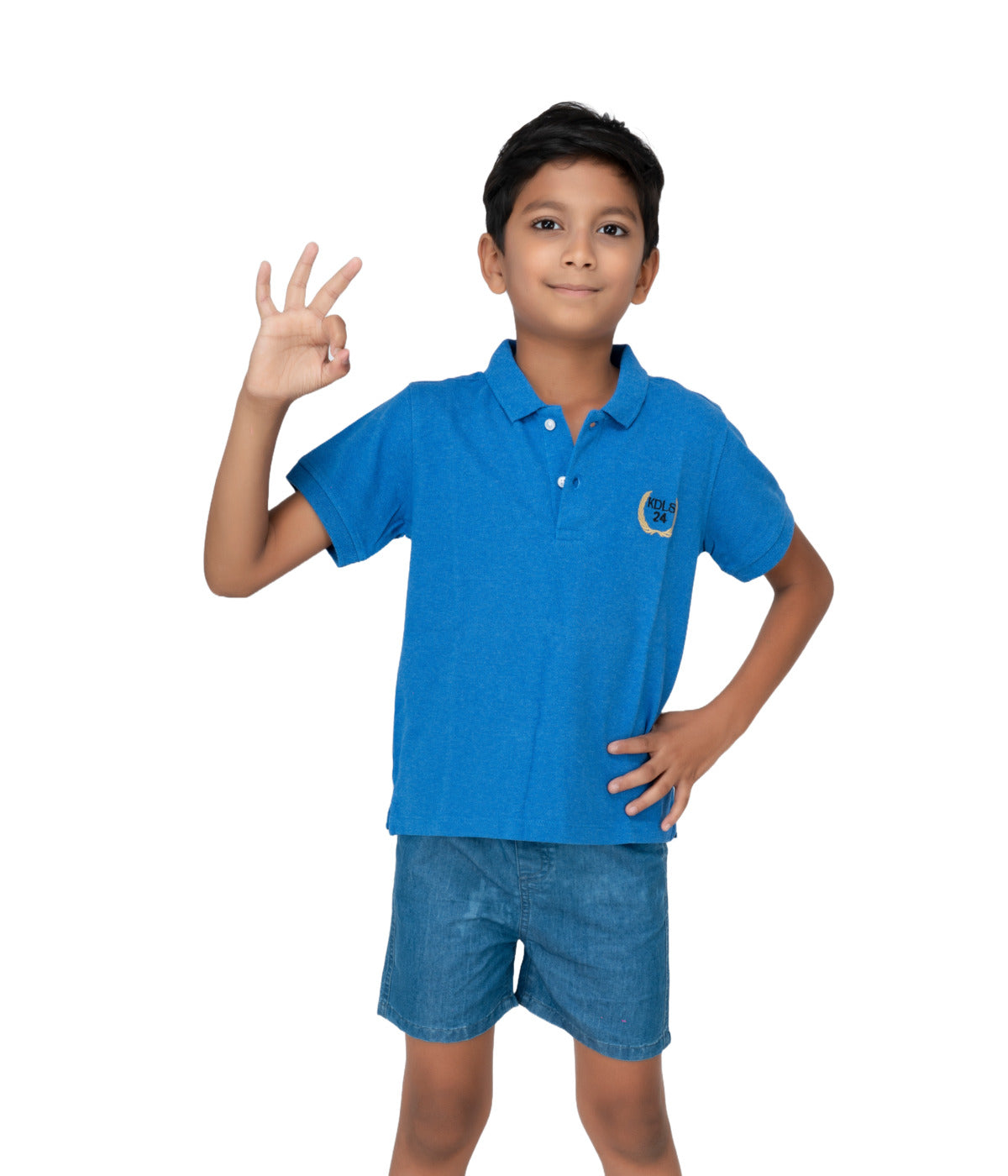 Kids' Royal Blue Cotton Rich Collar T-Shirts with Embroidery