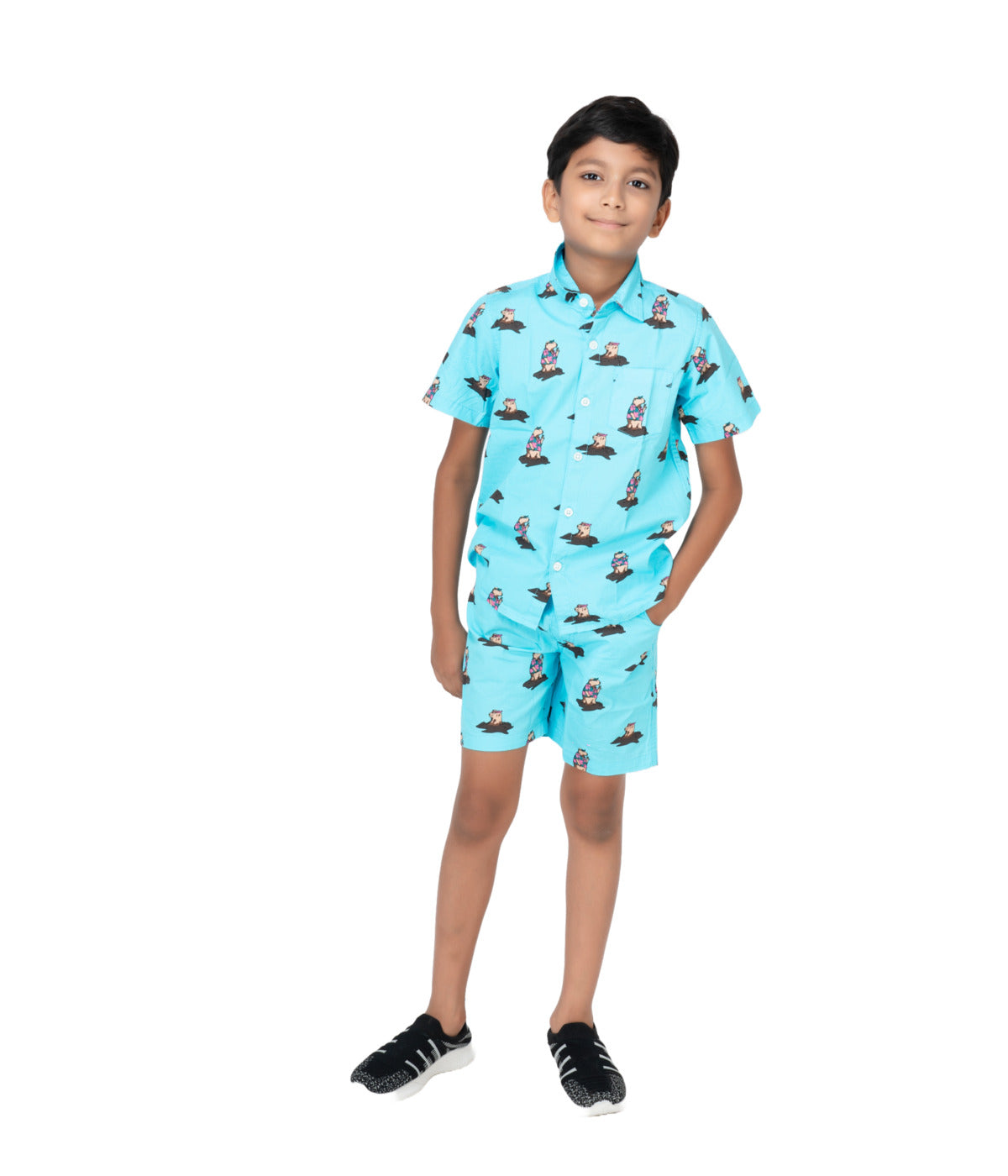 Kidislious Kidswear Poplin Fabric Light Blue Cartoon Coord Set: Shorts and Shirt Ensemble