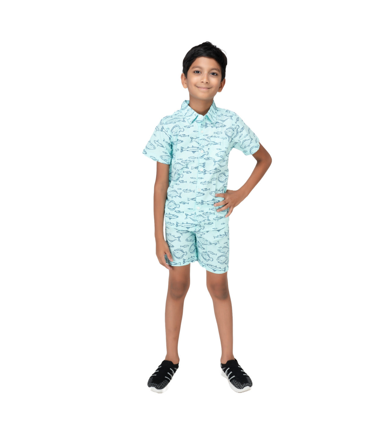 Kidislious Kidswear Poplin Fabric Light Blue Fish Coord Set: Shorts and Shirt Ensemble