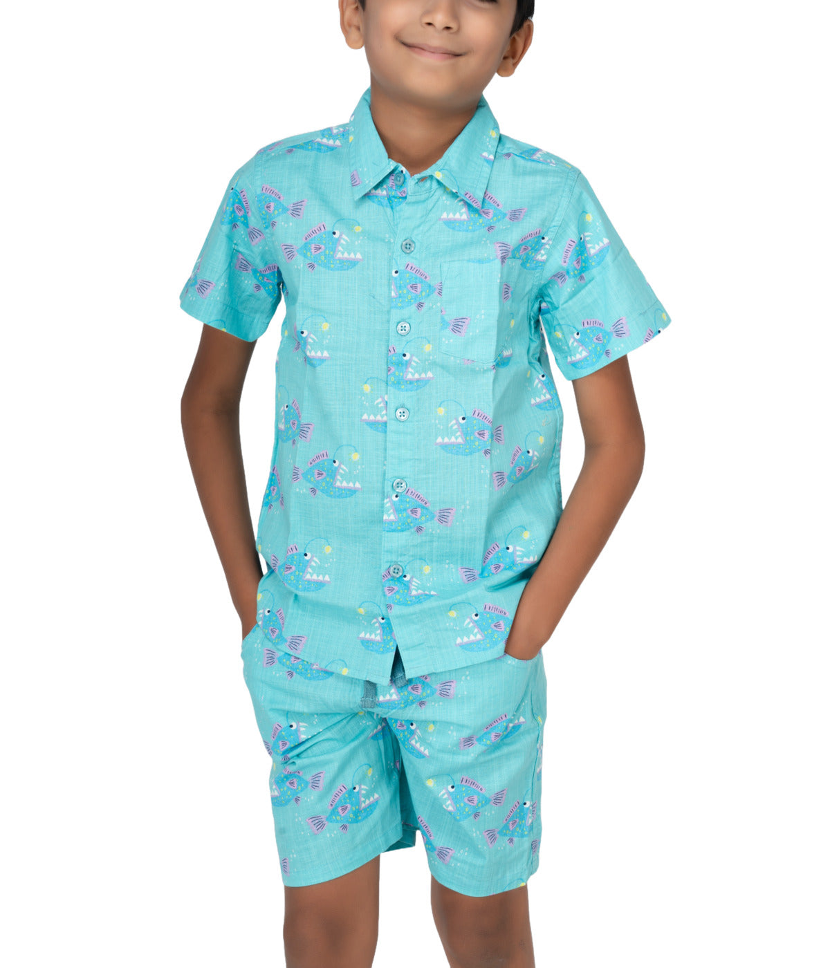 Kidilisious Kidswear Blue Fish Coord Set: Shorts and Shirt Ensemble