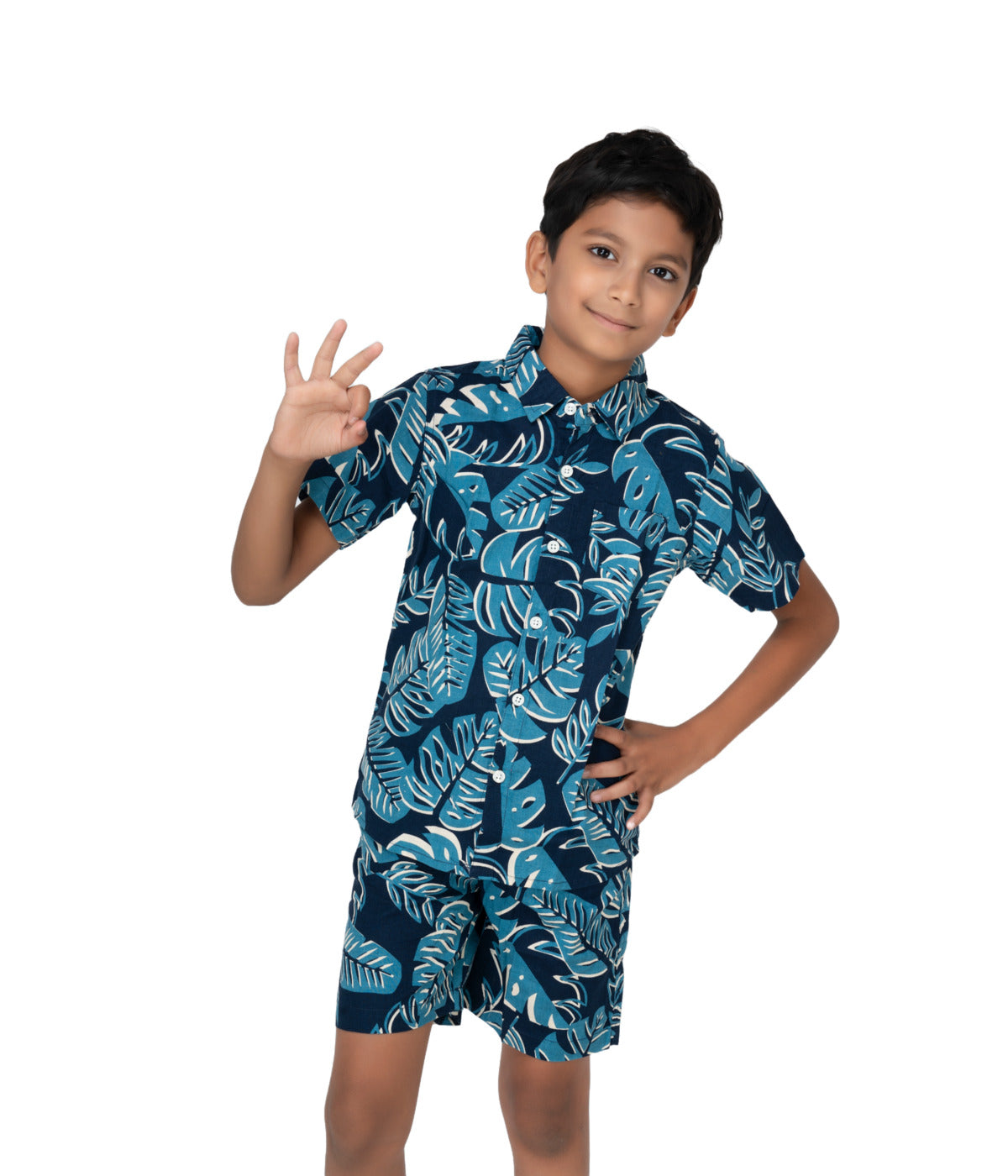 Kidilisious Kidswear Blue Leaf Coord Set: Shorts and Shirt Ensemble