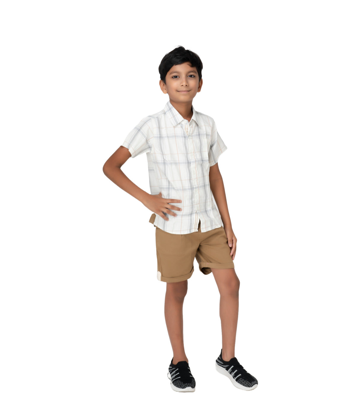 Kidislious Kidswear White Checked Shirt with Brown Shorts Coord Set