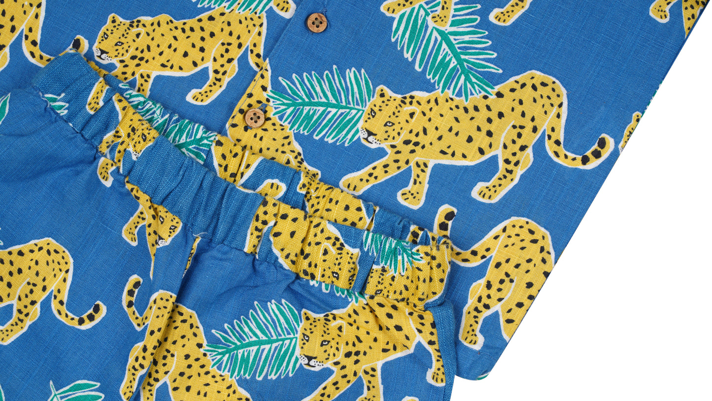 Kidilisious Pure Linen Blue Cheetah Coord Set: Shorts and Shirt Ensemble