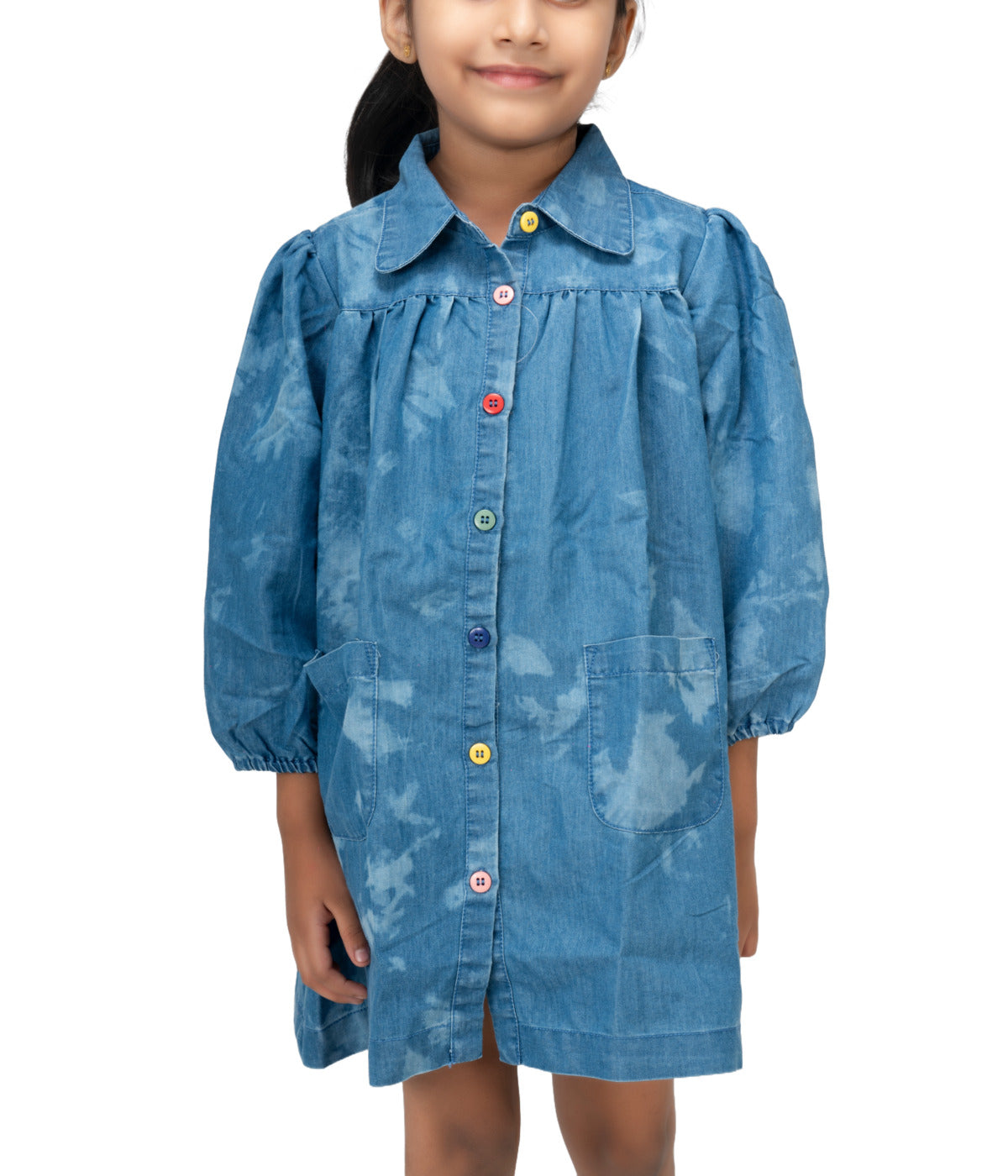 Kidislious Kidswear Blue Shaded Denim Frock with Colorful Button Accents