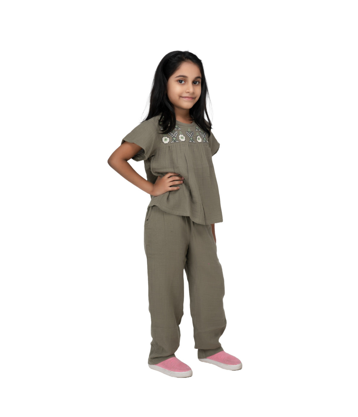 Green Muslin Embroidery Coord Set - Elegant Summer Ensemble for Kids