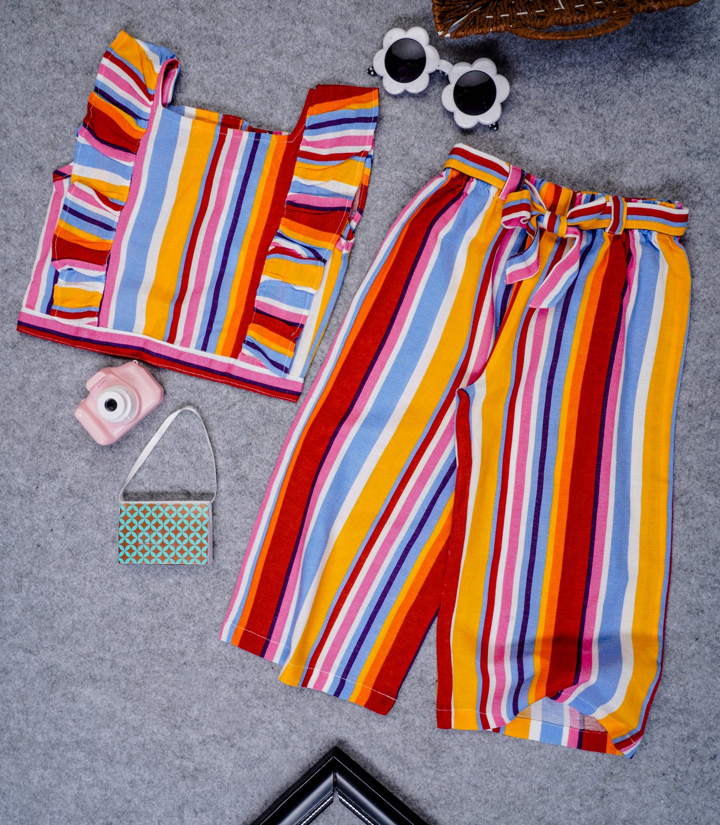 Orange Striped 3/4th Linen Pants Set - Vibrant Summer Ensemble