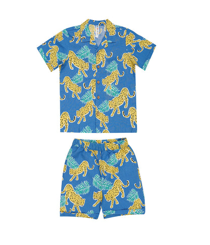 Kidilisious Pure Linen Blue Cheetah Coord Set: Shorts and Shirt Ensemble