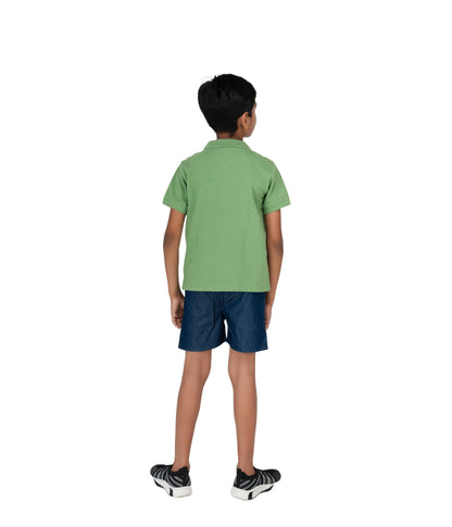 Kids' Green Cotton Rich Collar T-Shirts with Embroidery - Nature-Inspired Style!