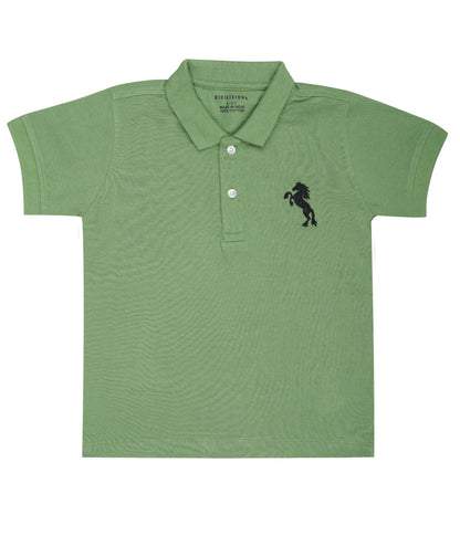 Kids' Green Cotton Rich Collar T-Shirts with Embroidery - Nature-Inspired Style!