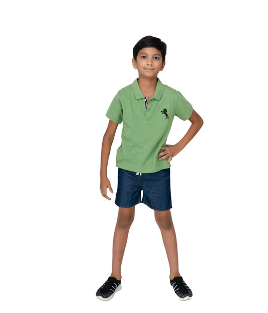 Kids' Green Cotton Rich Collar T-Shirts with Embroidery - Nature-Inspired Style!