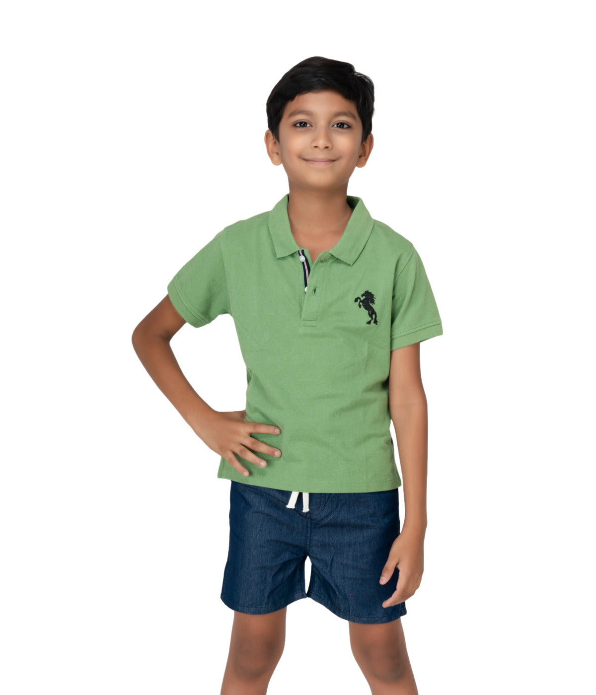 Kids' Green Cotton Rich Collar T-Shirts with Embroidery - Nature-Inspired Style!