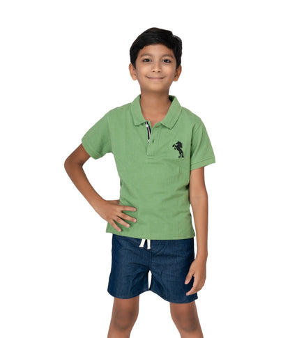Kids' Green Cotton Rich Collar T-Shirts with Embroidery - Nature-Inspired Style!
