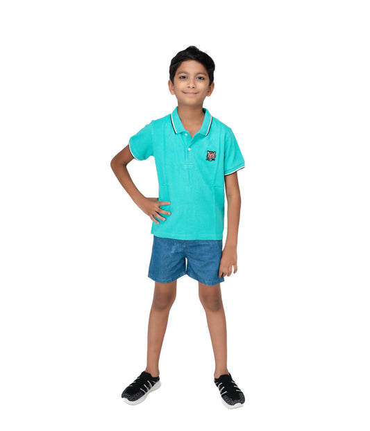 Kids' Mint Green Cotton Rich Collar T-Shirts with Embroidery