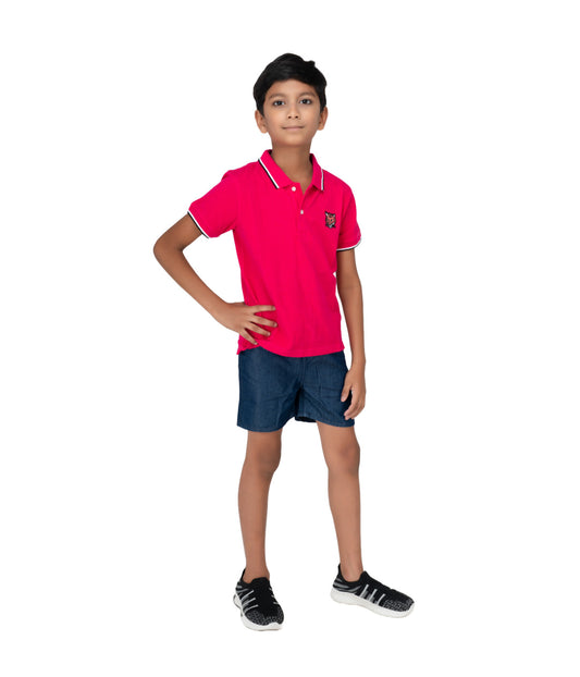 Kids' Pink Fuchsia Cotton Rich Collar T-Shirts with Embroidery