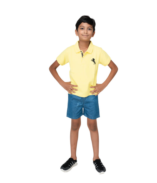 Kids' Sunny Yellow Cotton Rich Collar T-Shirts with Embroidery.