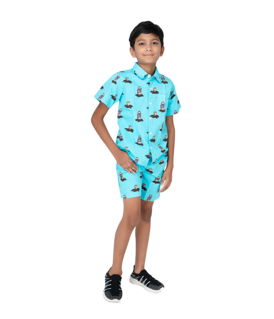 Kidislious Kidswear Poplin Fabric Light Blue Cartoon Coord Set: Shorts and Shirt Ensemble
