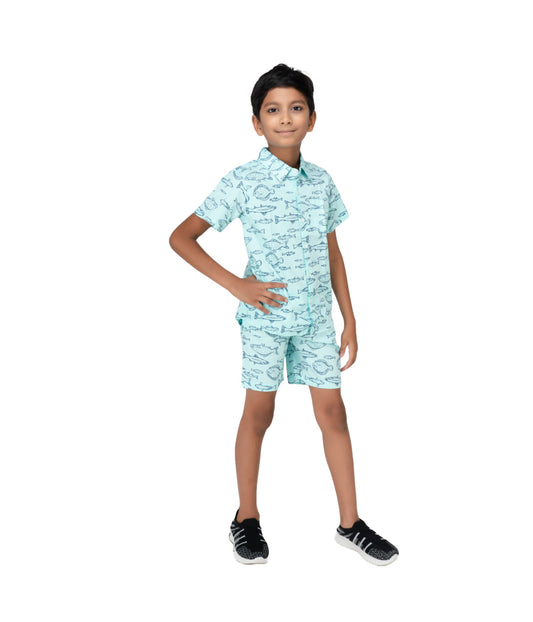 Kidislious Kidswear Poplin Fabric Light Blue Fish Coord Set: Shorts and Shirt Ensemble