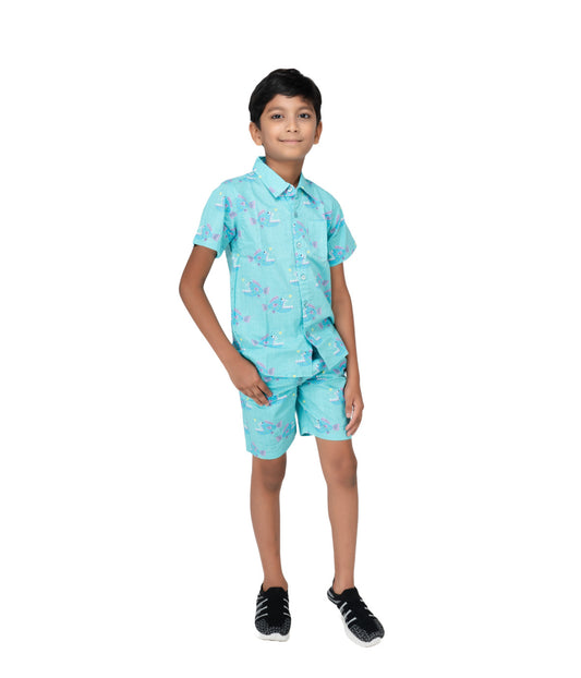 Kidilisious Kidswear Blue Fish Coord Set: Shorts and Shirt Ensemble