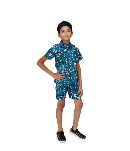 Kidilisious Kidswear Blue Abstract Coord Set: Shorts and Shirt Ensemble