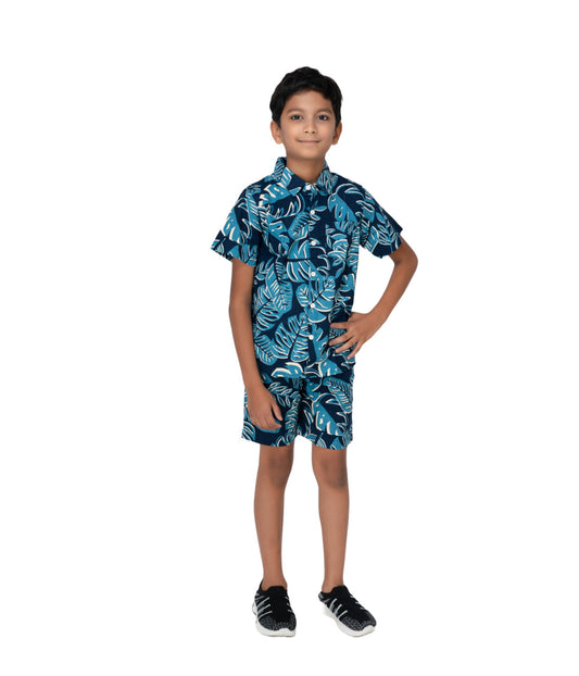 Kidilisious Kidswear Blue Leaf Coord Set: Shorts and Shirt Ensemble