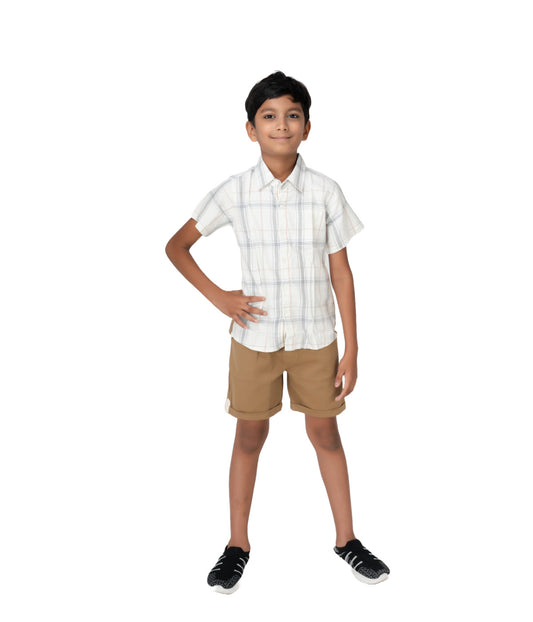 Kidislious Kidswear White Checked Shirt with Brown Shorts Coord Set