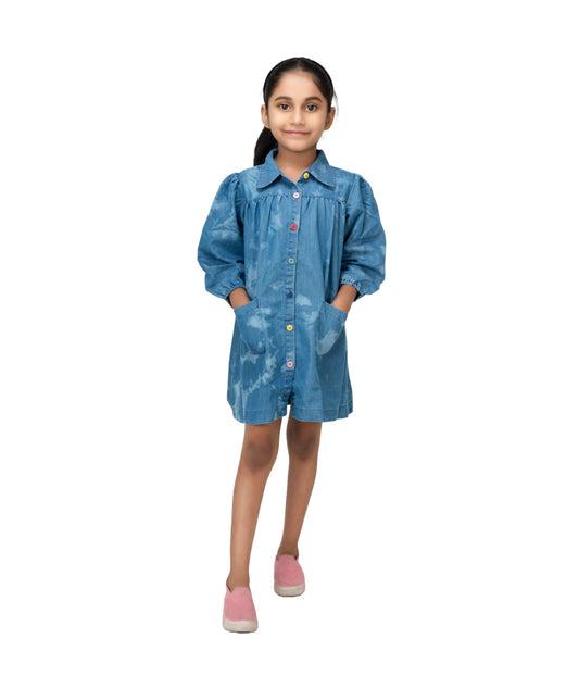 Kidislious Kidswear Blue Shaded Denim Frock with Colorful Button Accents