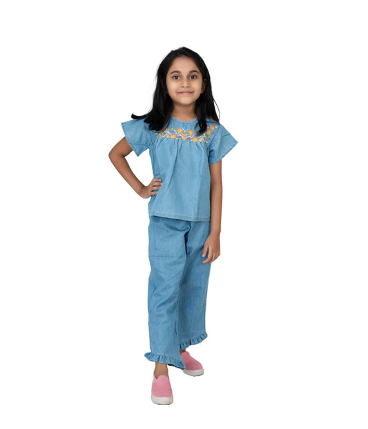 Kidilisious Denim Coord Set With Embroidery For Girls