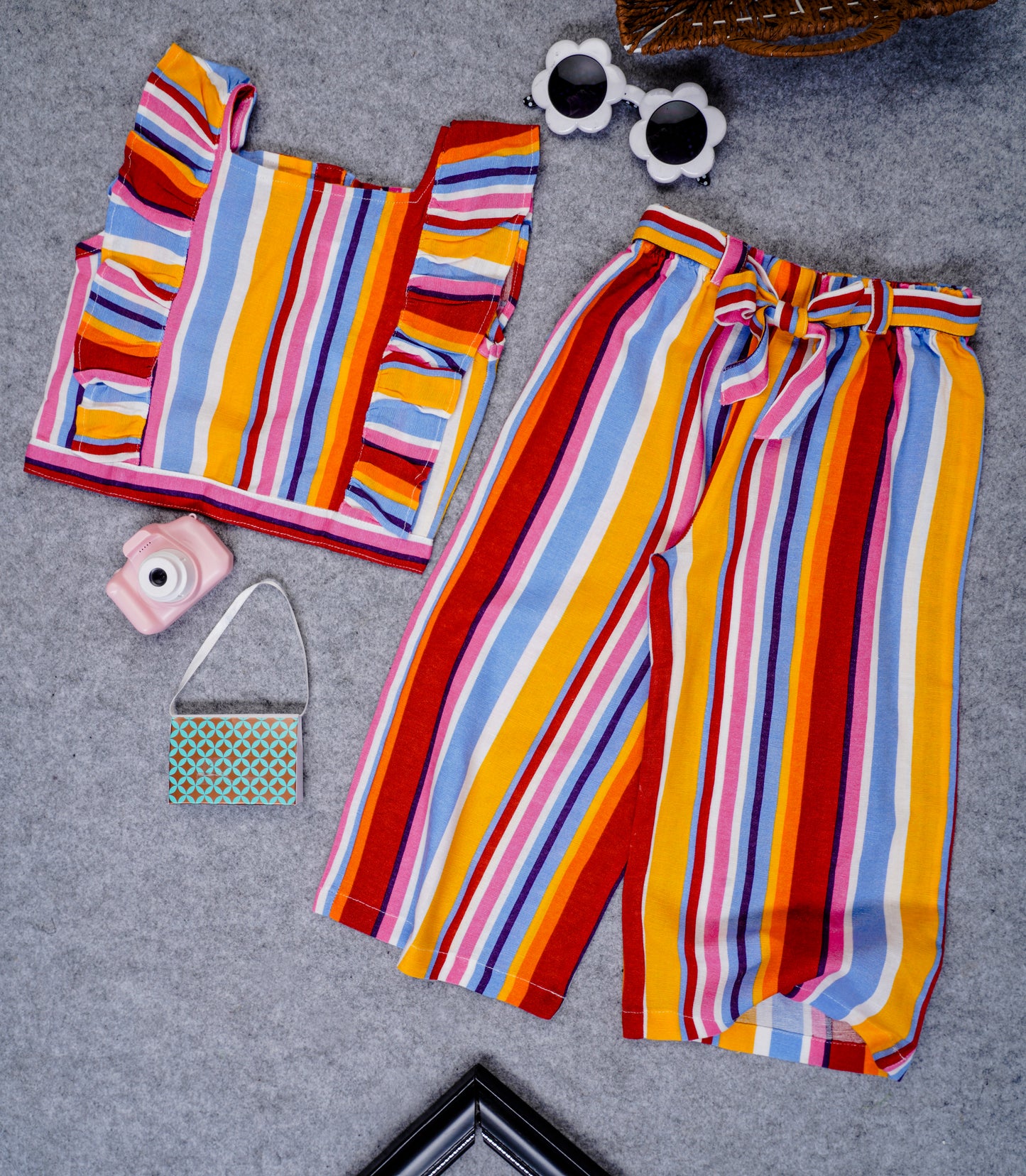 Orange Striped Linen Kidswear Pants Set - Vibrant Summer Ensemble